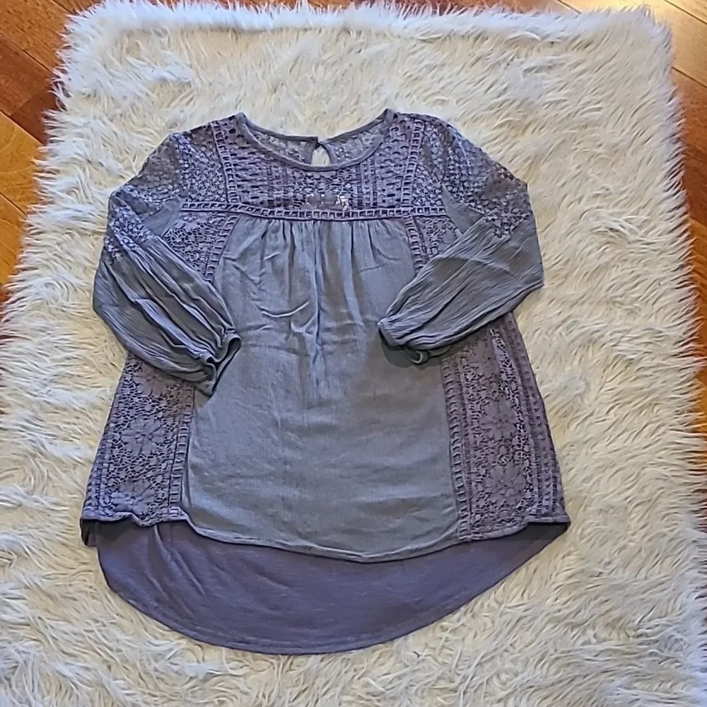 Knox rose womens blue cotton lace flowy shirt with balloon‎ sleeves size xs